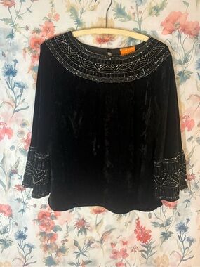 Oliphant Black Velvet Top with Beaded Neckline and Cuff Detail